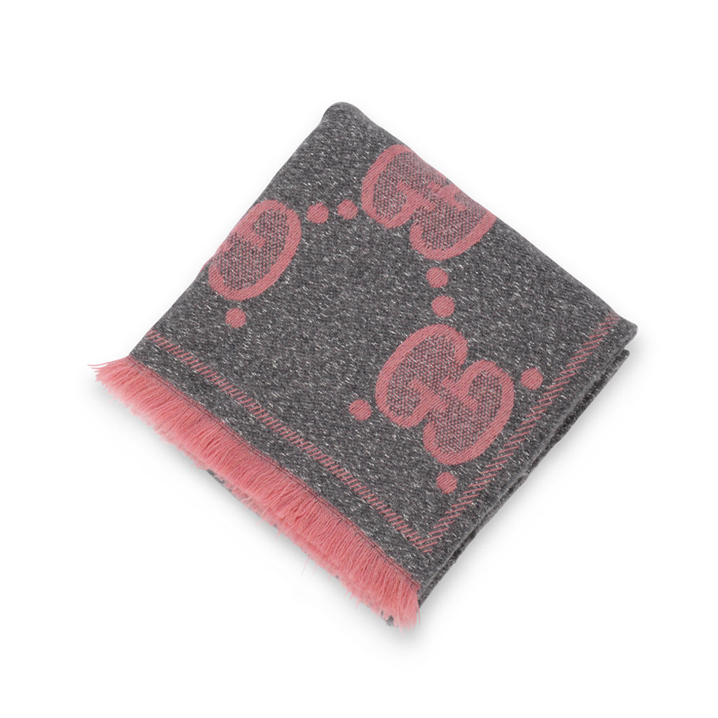 Gucci Pink & Grey Lame GG Jacquard Fringed Scarf