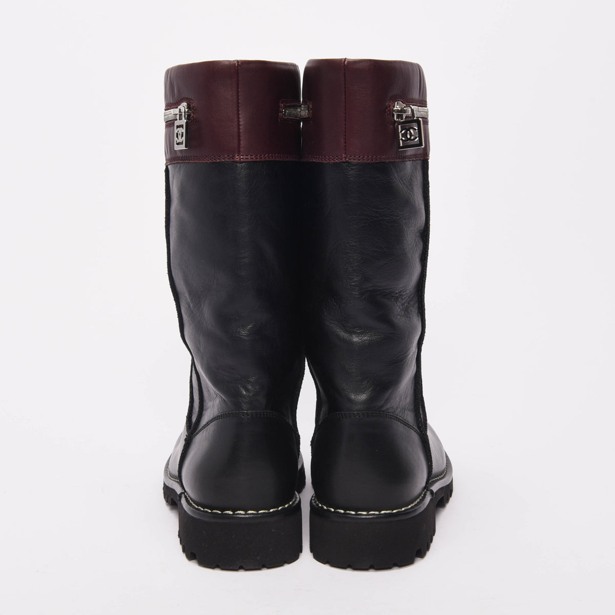 Chanel Black & Burgundy Calfskin Motorcycle Zipper Boots 40