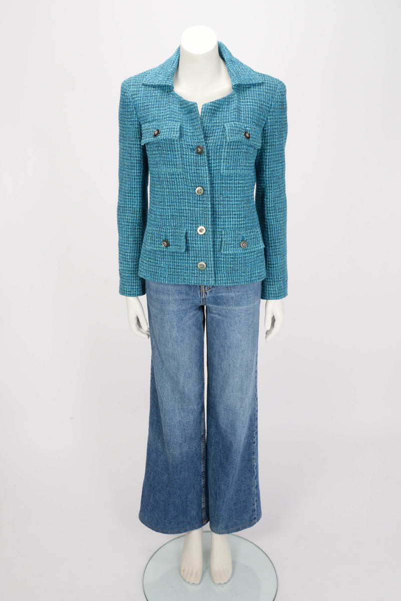 Chanel Turquoise Tweed Lion Button Jacket FR 38