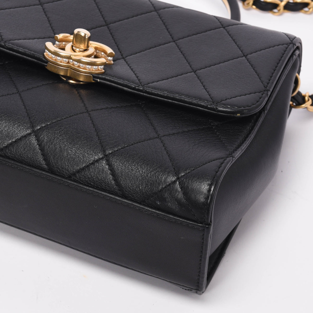 Chanel Black Calfskin Pearl Logo Top Handle Flap Bag