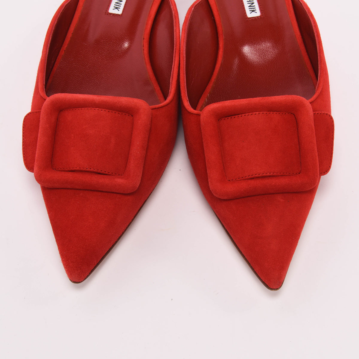 Manolo Blahnik Red Suede Maysale Buckle Mules 40