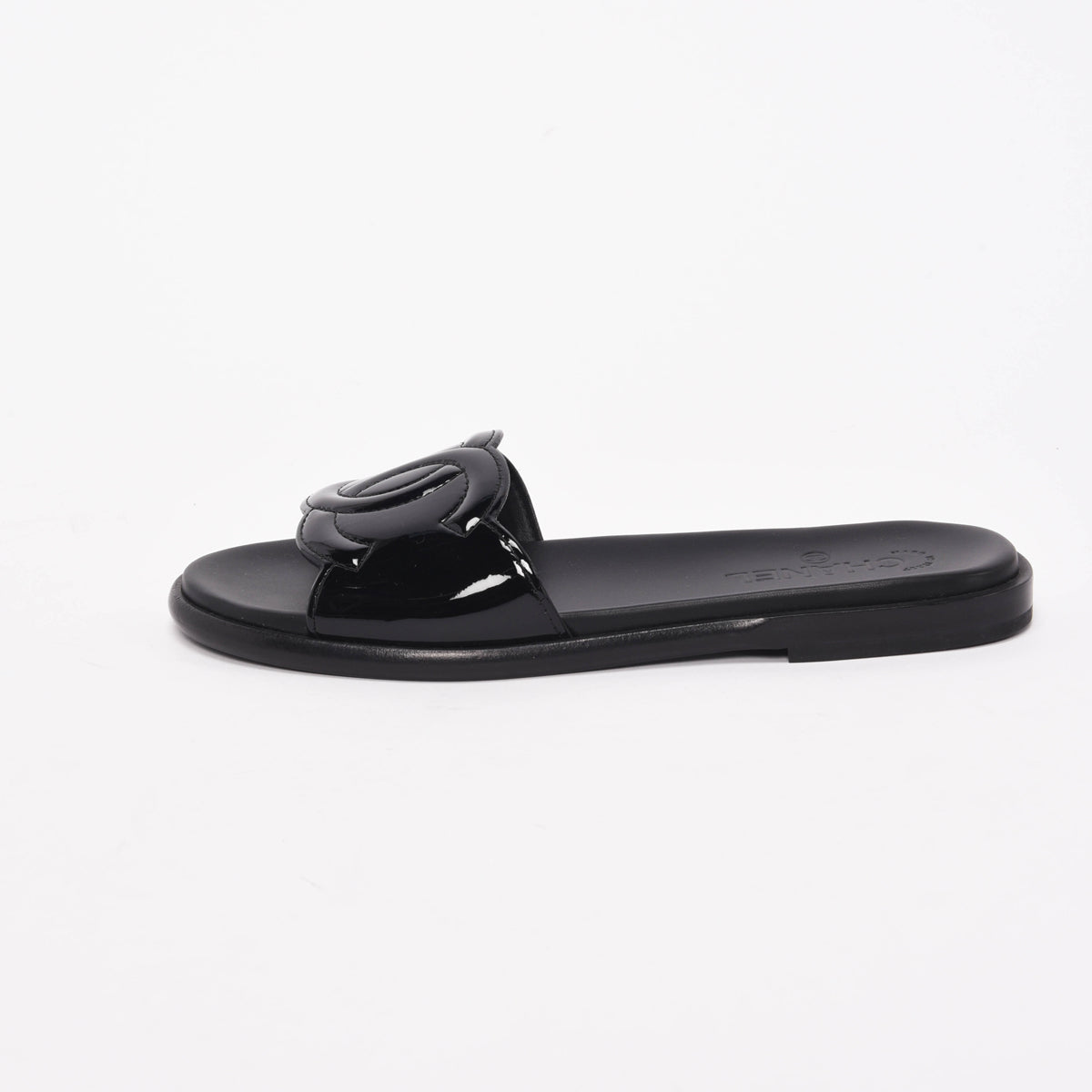 Chanel Black Patent Leather CC Slides 40