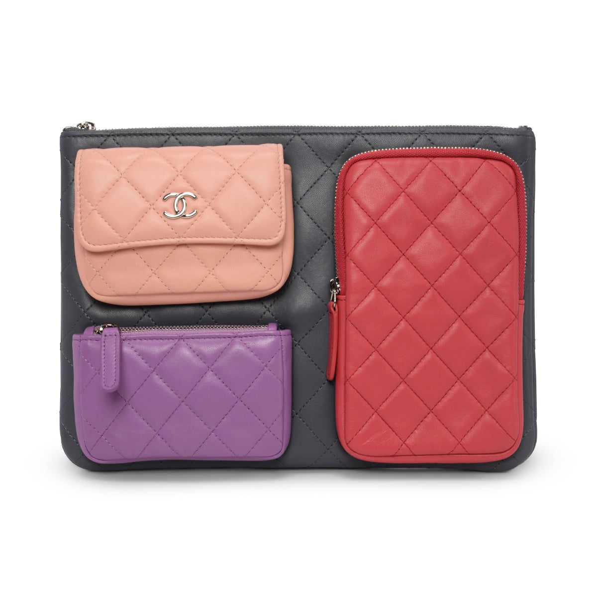 Chanel Grey Quilted Lambskin O-Case Multi Pouch