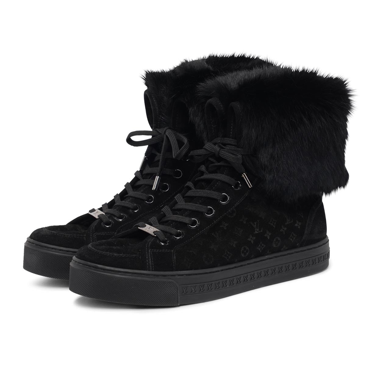 Louis Vuitton Black Monogram Suede & Fur Fold Over Sneakers 41