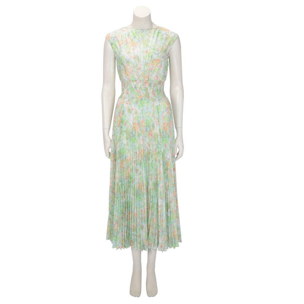 Prada Pastel Crepe Pleated Floral Print Dress IT 38