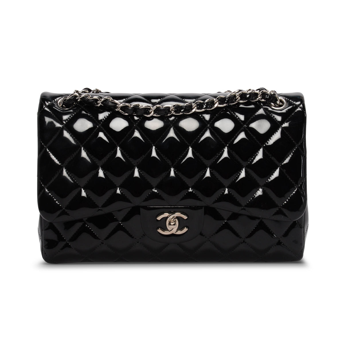 Chanel Black Quilted Patent Large Double Flap Bag