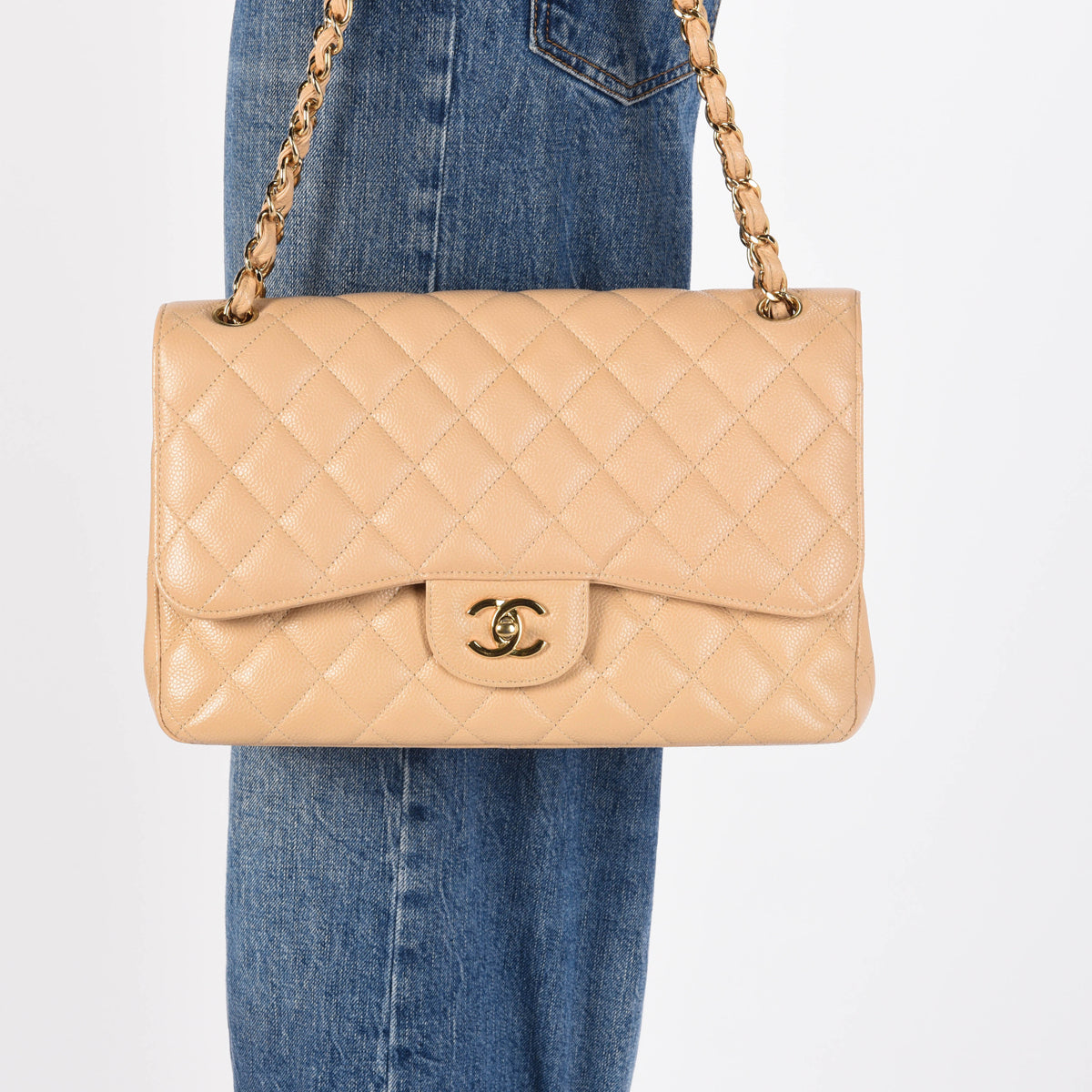 Chanel Beige Quilted Caviar Large Classic Flap Bag