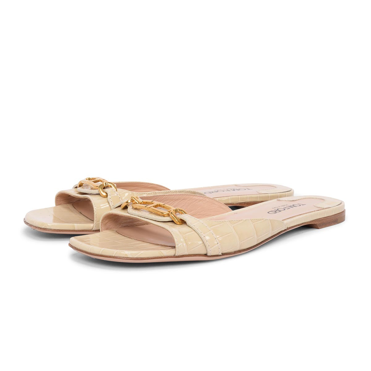 Tom Ford Beige Patent Croc Open Toe Flats 39