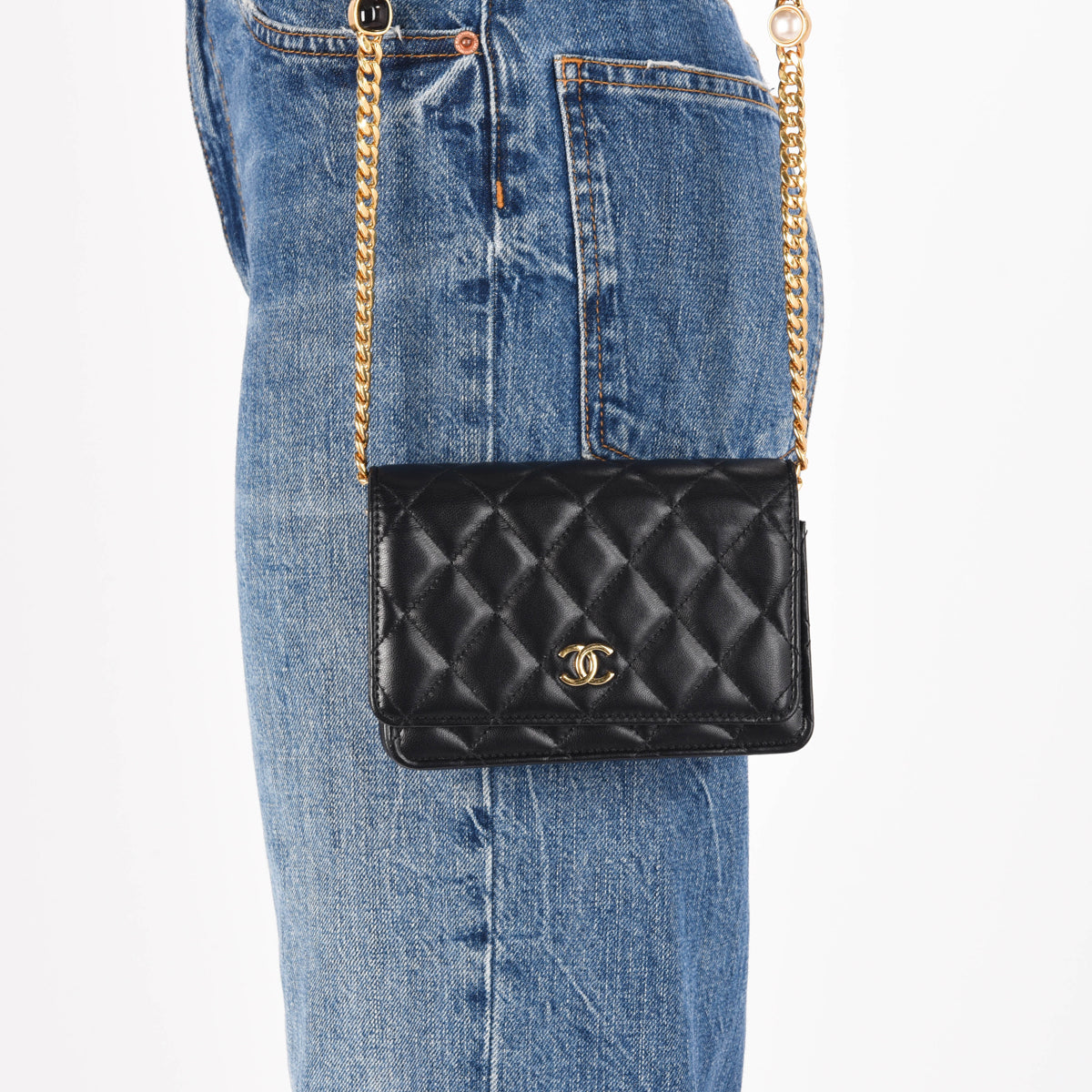 Chanel Black Quilted Lambskin CC Pearl Enamel Wallet on Chain