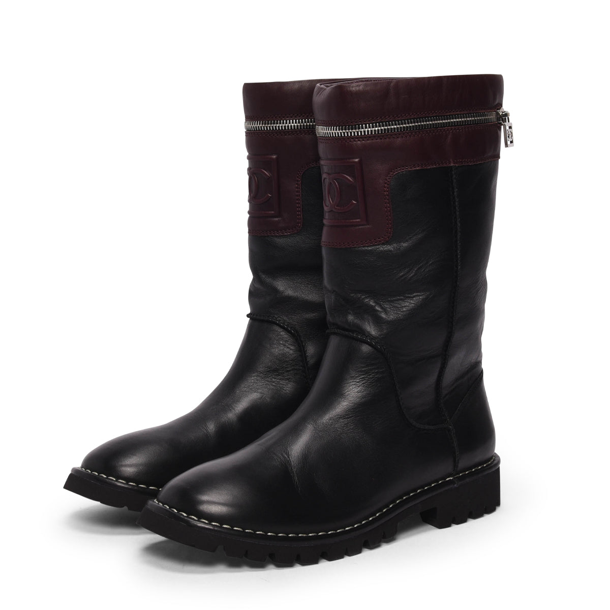 Chanel Black & Burgundy Calfskin Motorcycle Zipper Boots 40