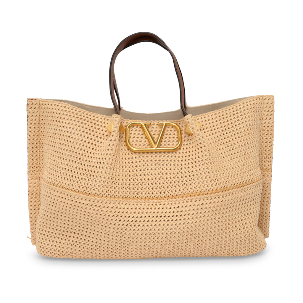 Valentino Tan Calfskin & Raffia Medium Rockstud VLogo Tote