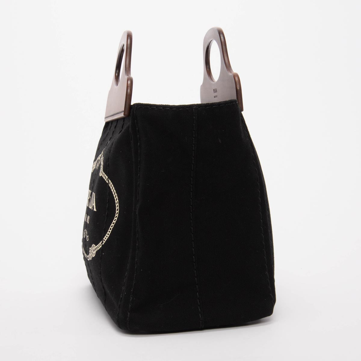 Prada Black Canvas Wood Handle Canapa Tote