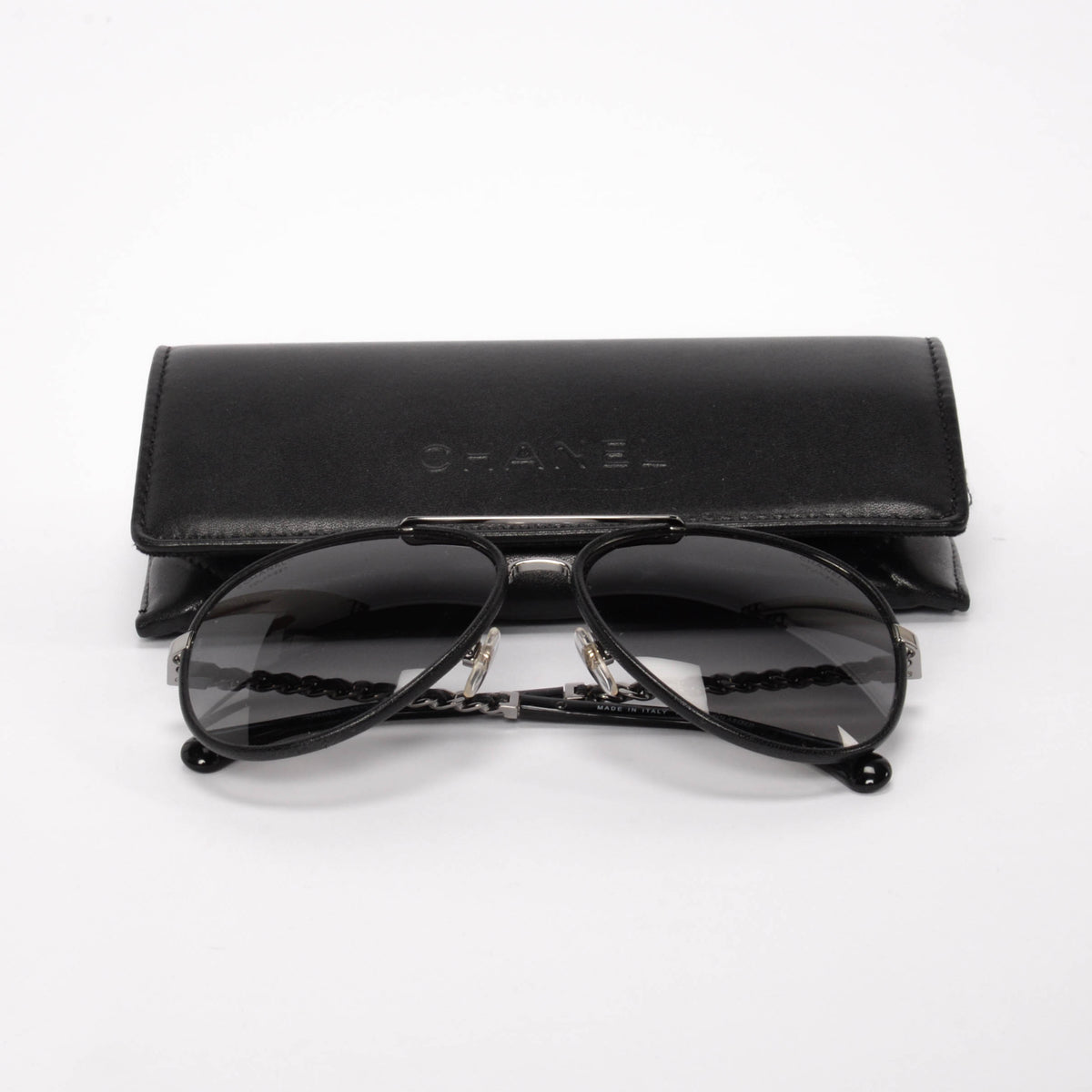 Chanel Black Leather CC Chain Pilot Sunglasses
