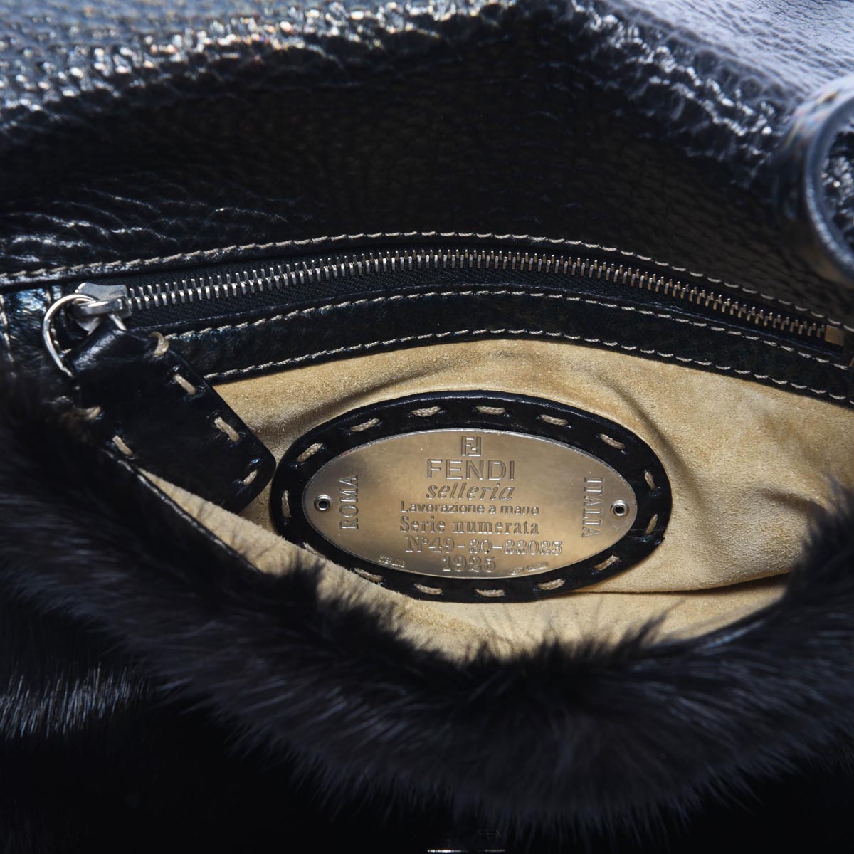 Fendi Black Fur Selleria Mini Baguette Bag