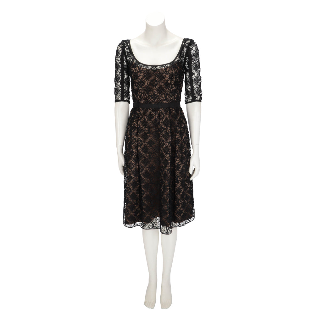 louis vuitton black lace dress LOUIS VUITTON black silk MONOGRAM LACE RUFFLE Cocktail Dress 40 at 1stDibs