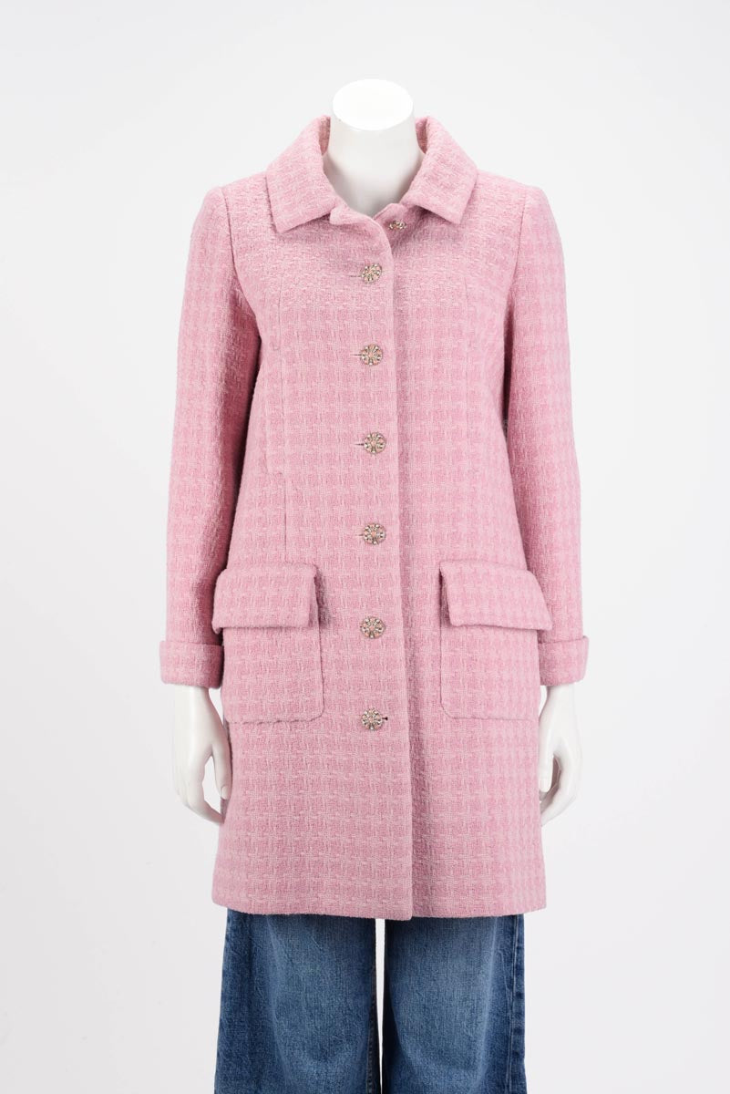 Chanel Pink Boucle Tweed Gripoix Button Coat FR 36