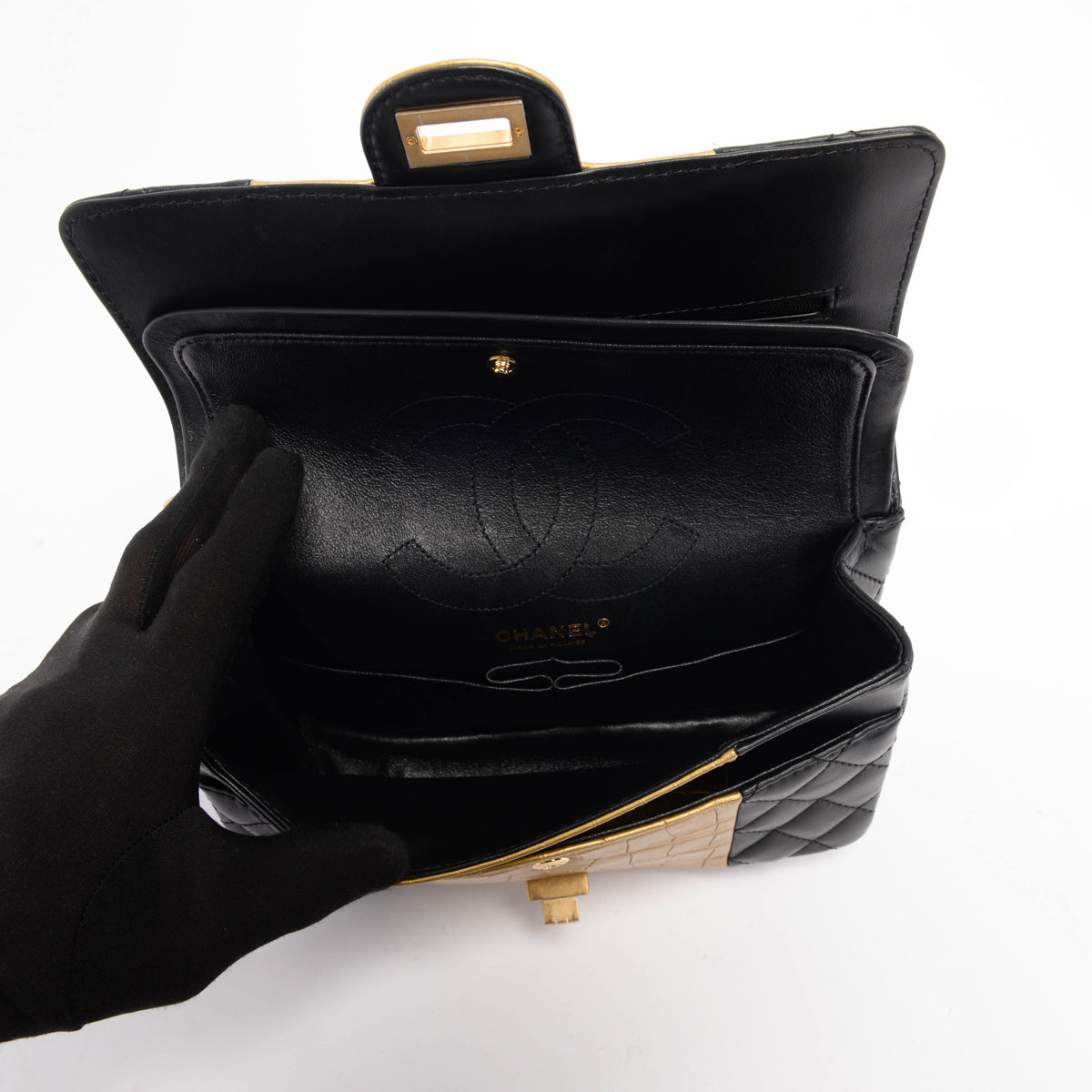 Chanel Black Lambskin Croc Embossed 2.55 Reissue 225 Flap Bag