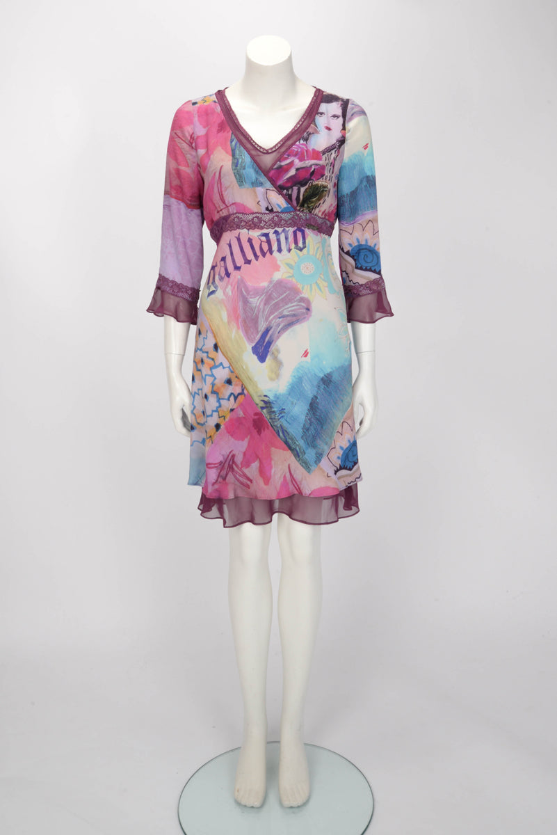 Galliano Purple Silk Logo V-Neck Dress IT 44