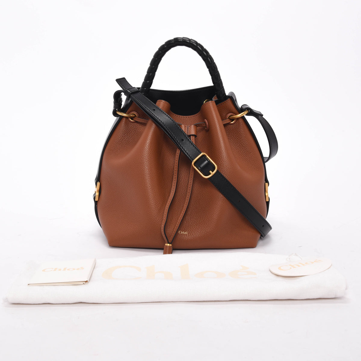 Chloe Tan & Black Calfskin Marcie Drawstring Bucket Bag