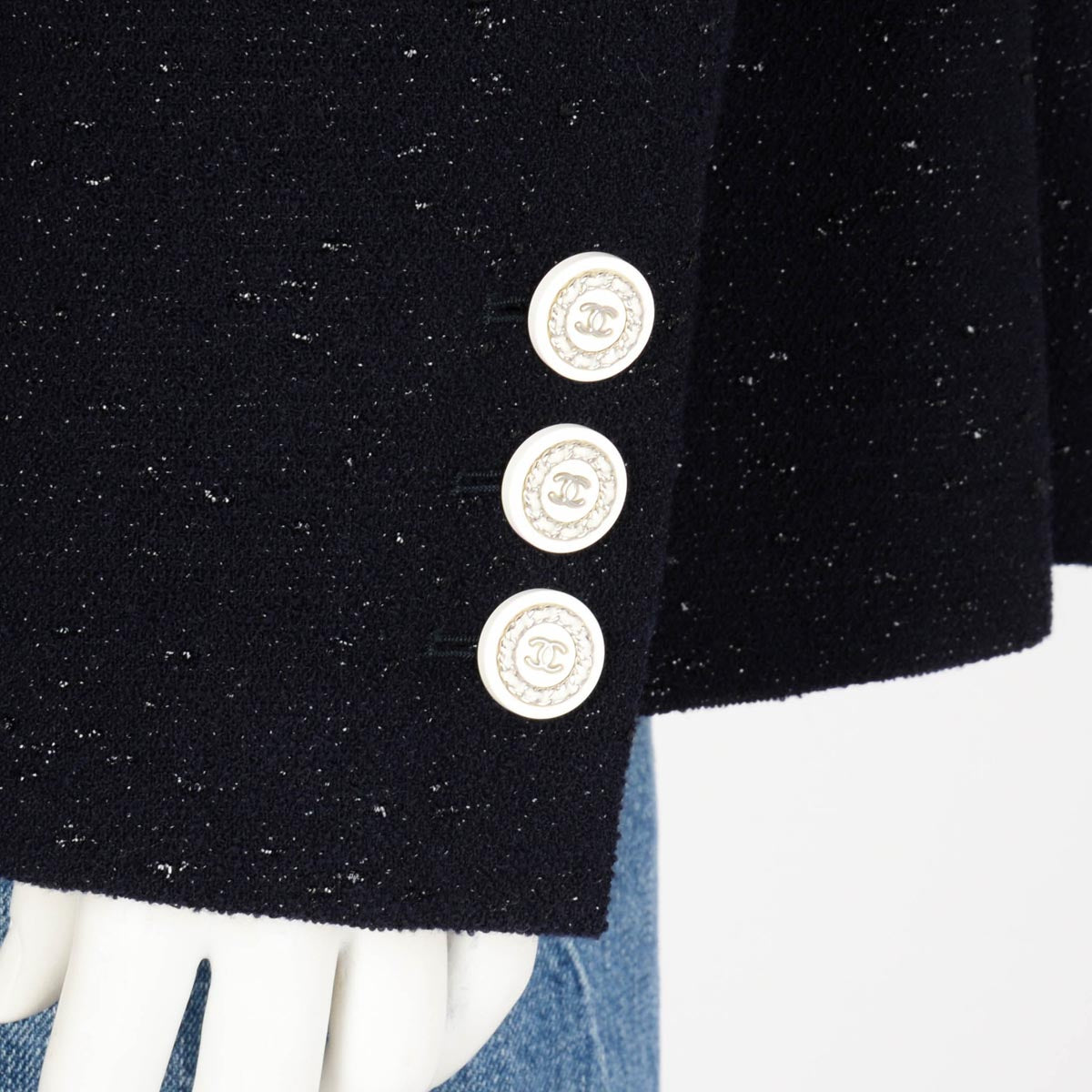 Chanel Dark Navy Lurex Tweed Double Breasted Jacket FR 50