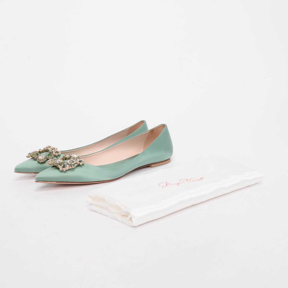 Roger Vivier Sage Green Satin Efflorescence Ballerina Flats 41.5