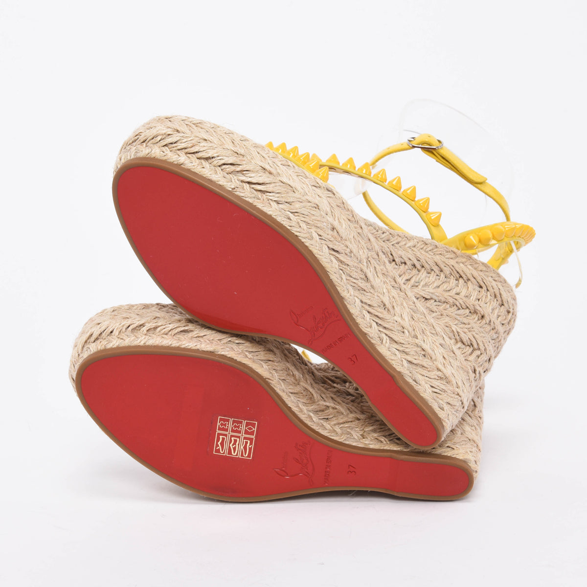 Christian Louboutin Yellow Raffia Mafaldina Zeppa Studded Wedges