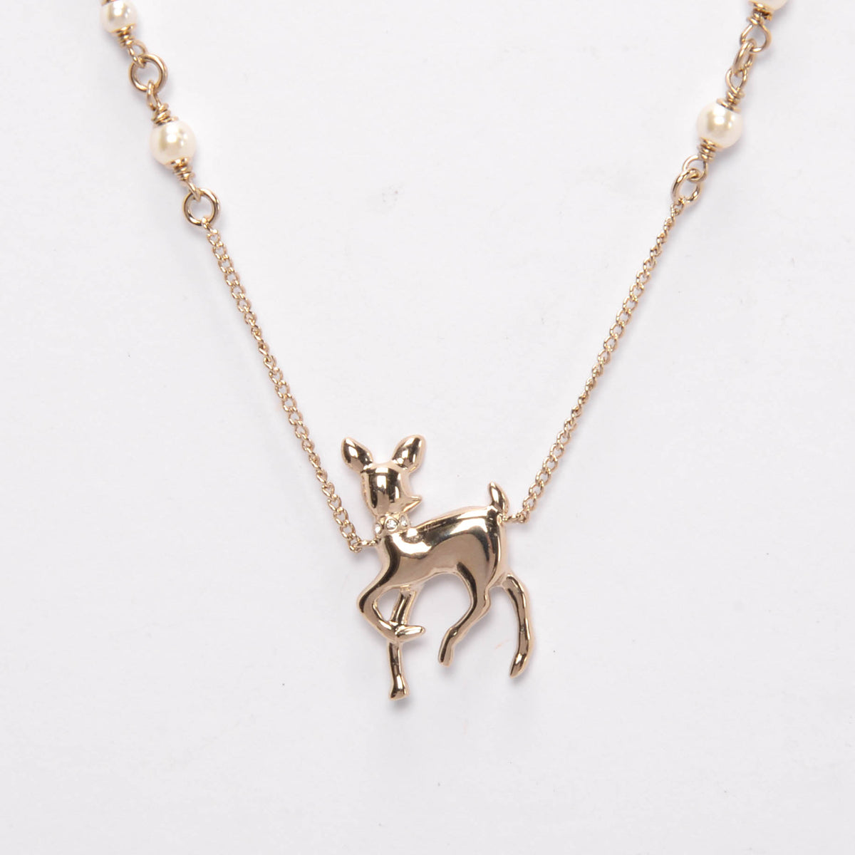 Chanel Light Gold & Emerald Crystal & Pearl Deer Pendant Necklace