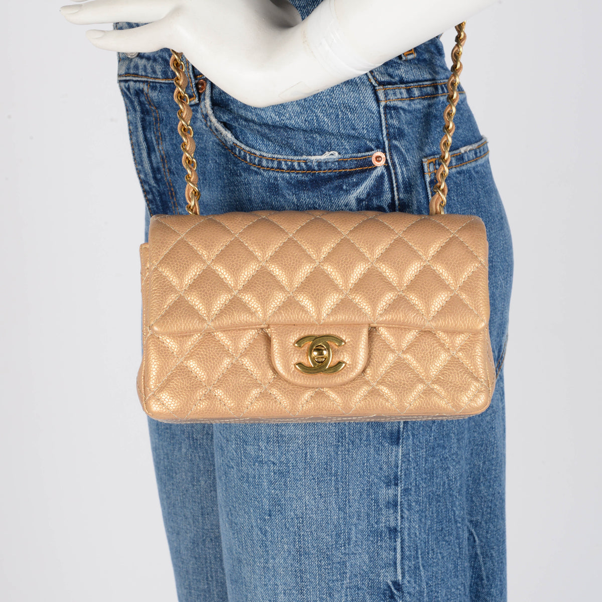 Chanel Pearly Gold Caviar Mini Rectangular Flap Bag