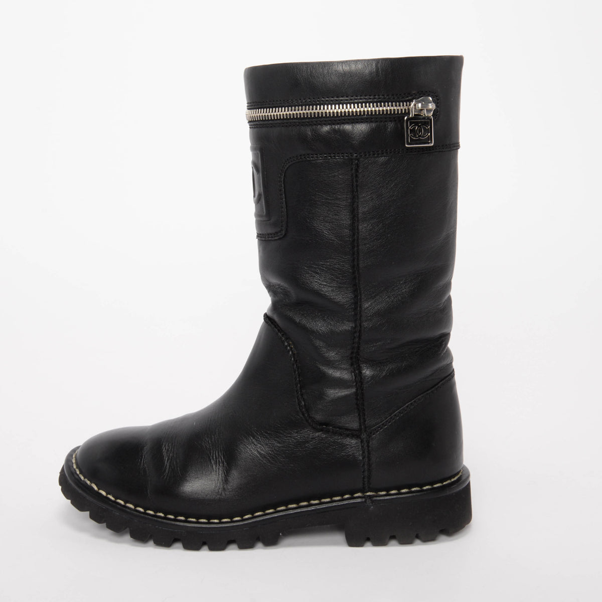 Chanel Black Calfskin Motorcycle Zipper Boots 36