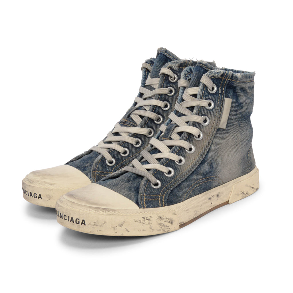 Balenciaga Blue Destroyed Denim Paris High Top Sneakers 39