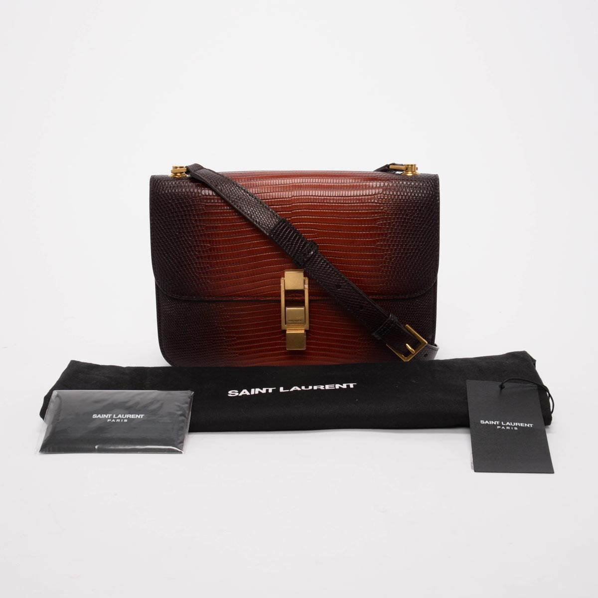 Saint Laurent Dark Brown Ombre Lizard Le Carre Bag