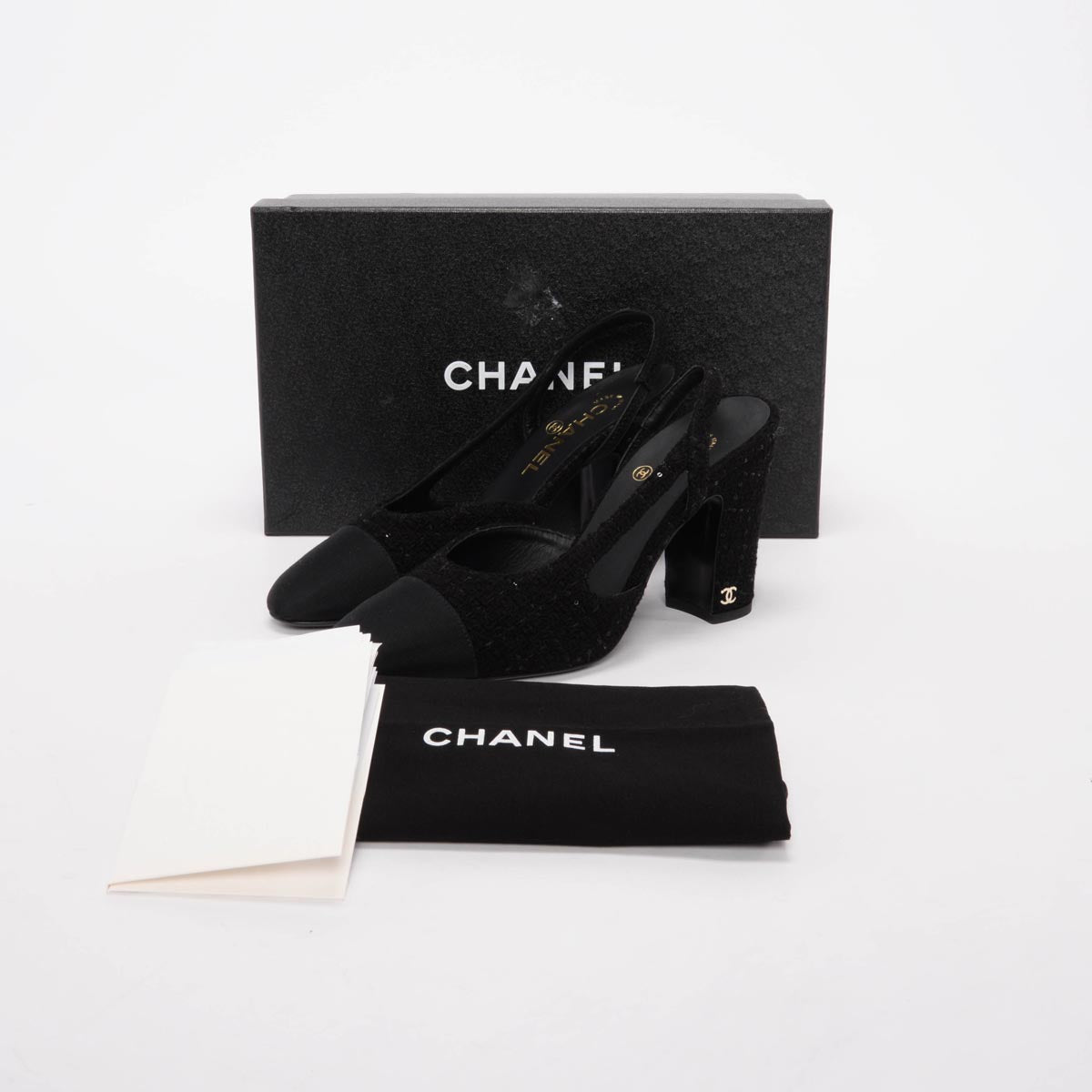 Chanel Black Sequin Tweed Slingback Pumps 38