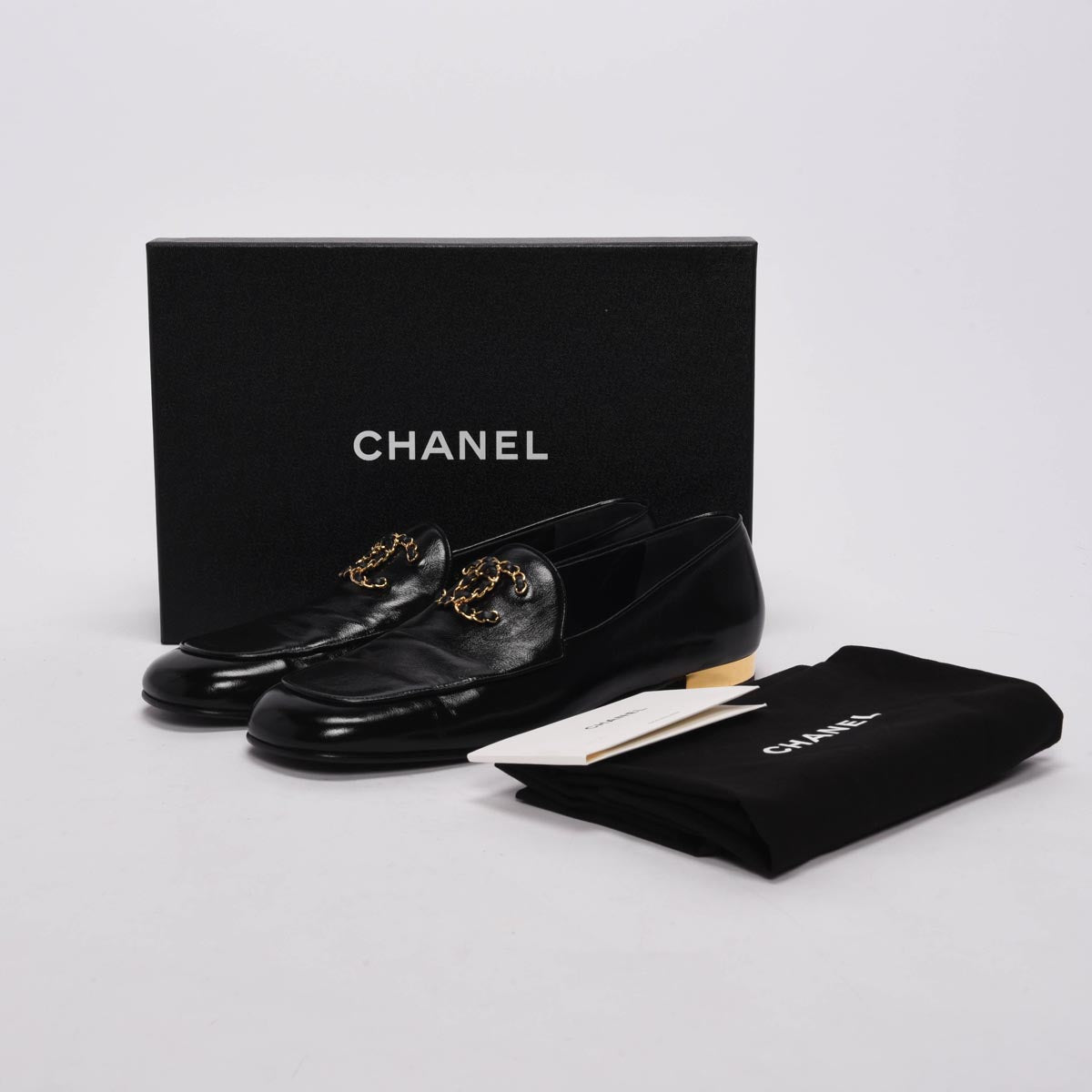 Chanel Black Glazed Goatskin Chain CC Loafers 41