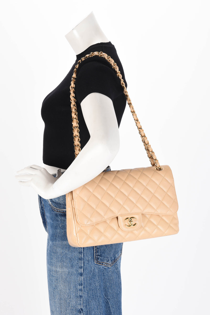 Chanel Beige Quilted Caviar Large Classic Flap Bag