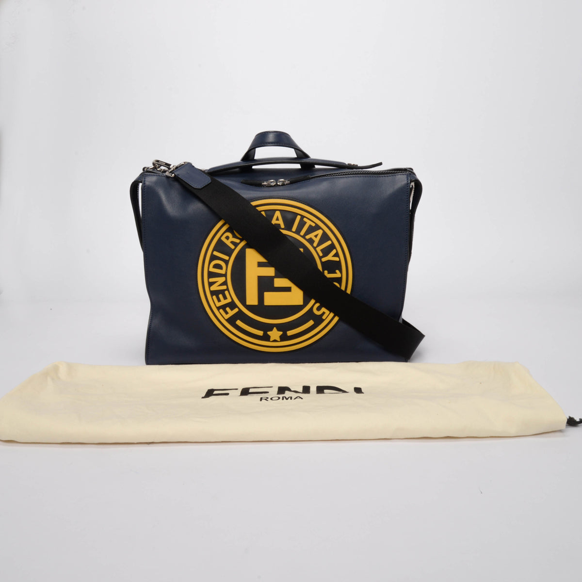 Fendi Navy Vitello Lui Logo Patch Messenger Bag