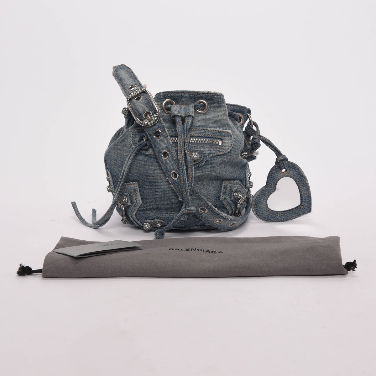 Balenciaga Blue Denim & Crystal BB Monogram Le Cagole Bucket Bag