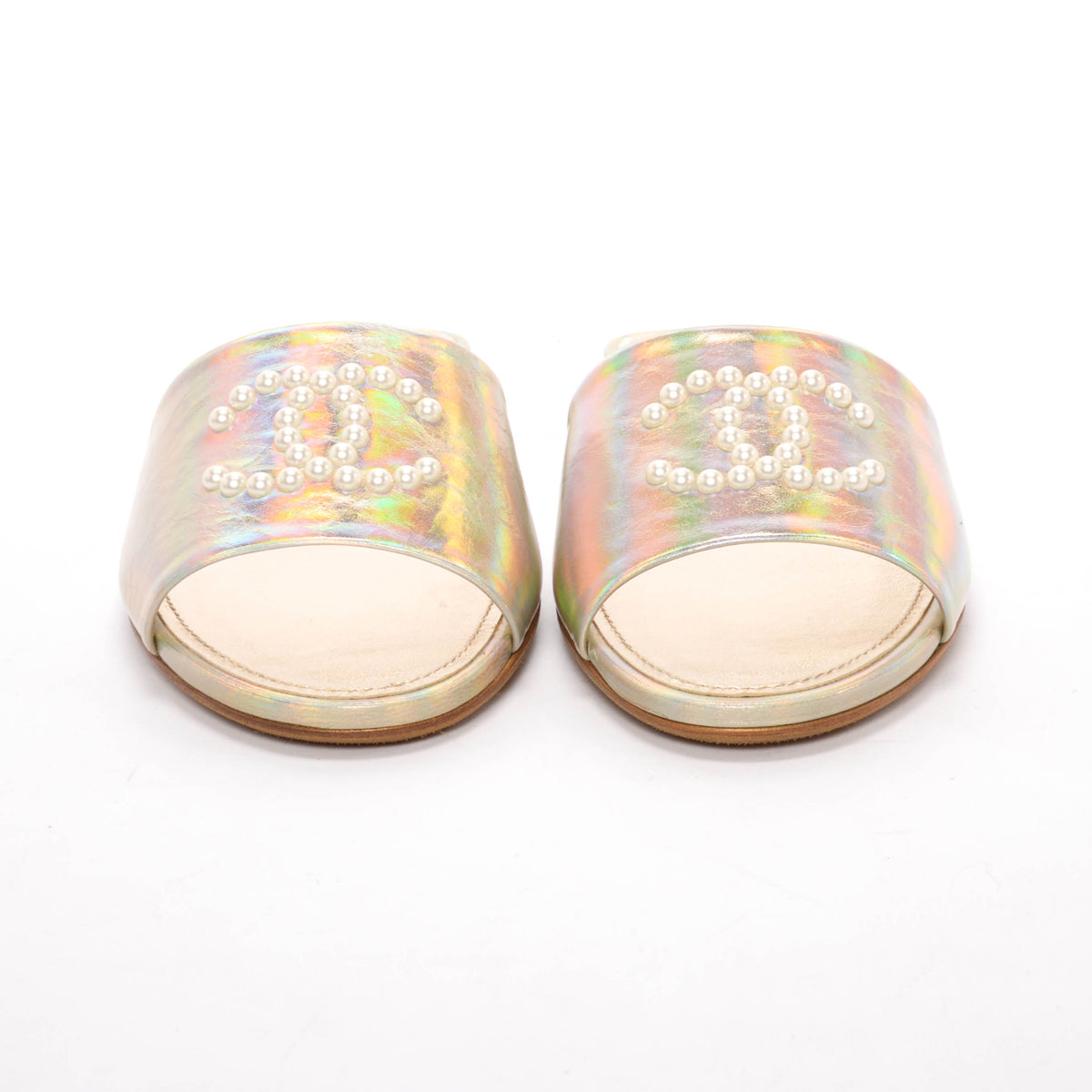 Chanel Champagne Iridescent Leather CC Pearl Slides 39