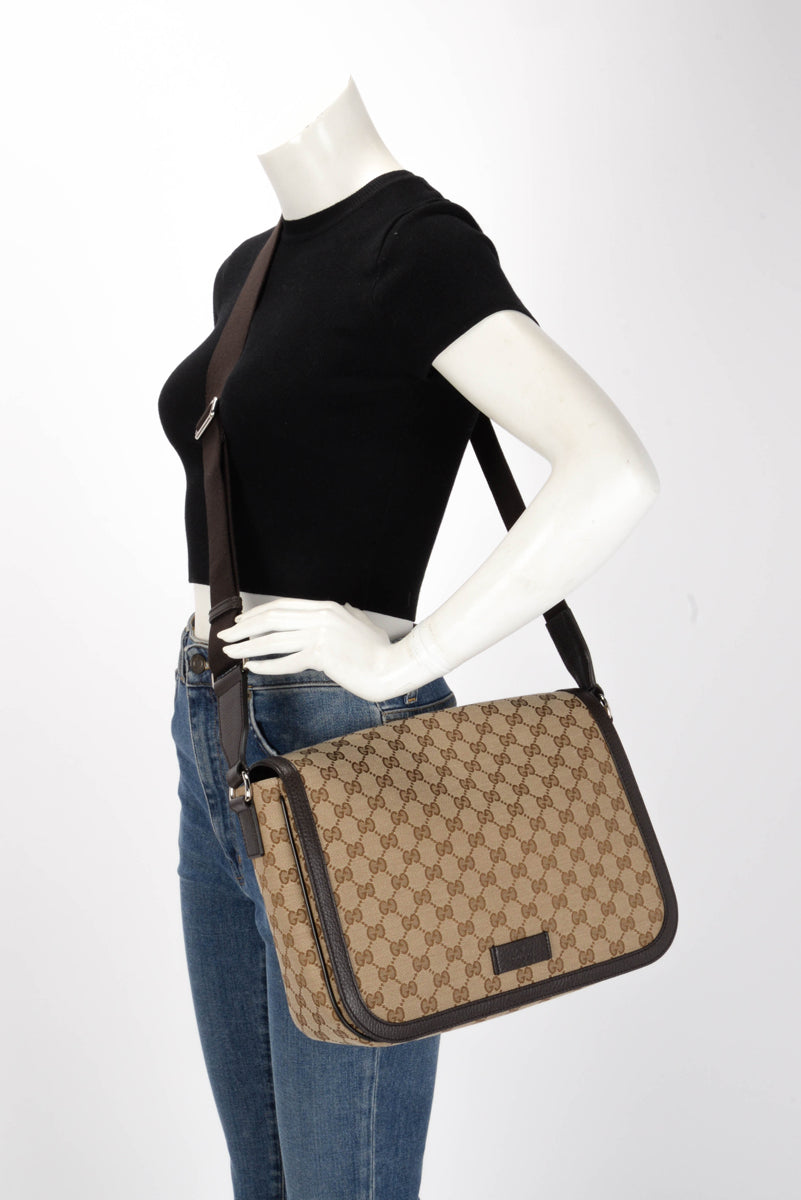 Gucci Beige GG Canvas Flap Messenger Cross Body Bag