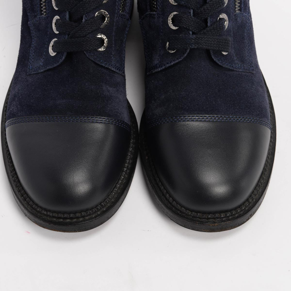 Chanel Navy Quilted Suede Lace Up CC Combat Boots 38