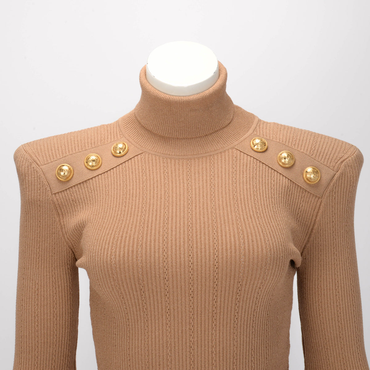 Balmain Bronze Ribbed Structured Shoulder Turtleneck Top FR 38
