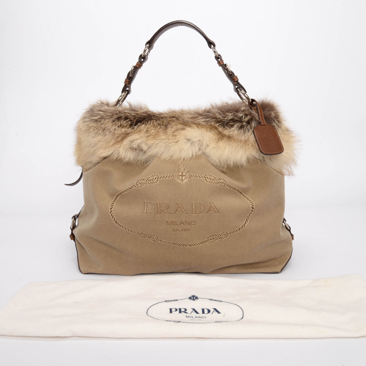 Prada Beige Logo Jacquard and Fur Hobo Bag