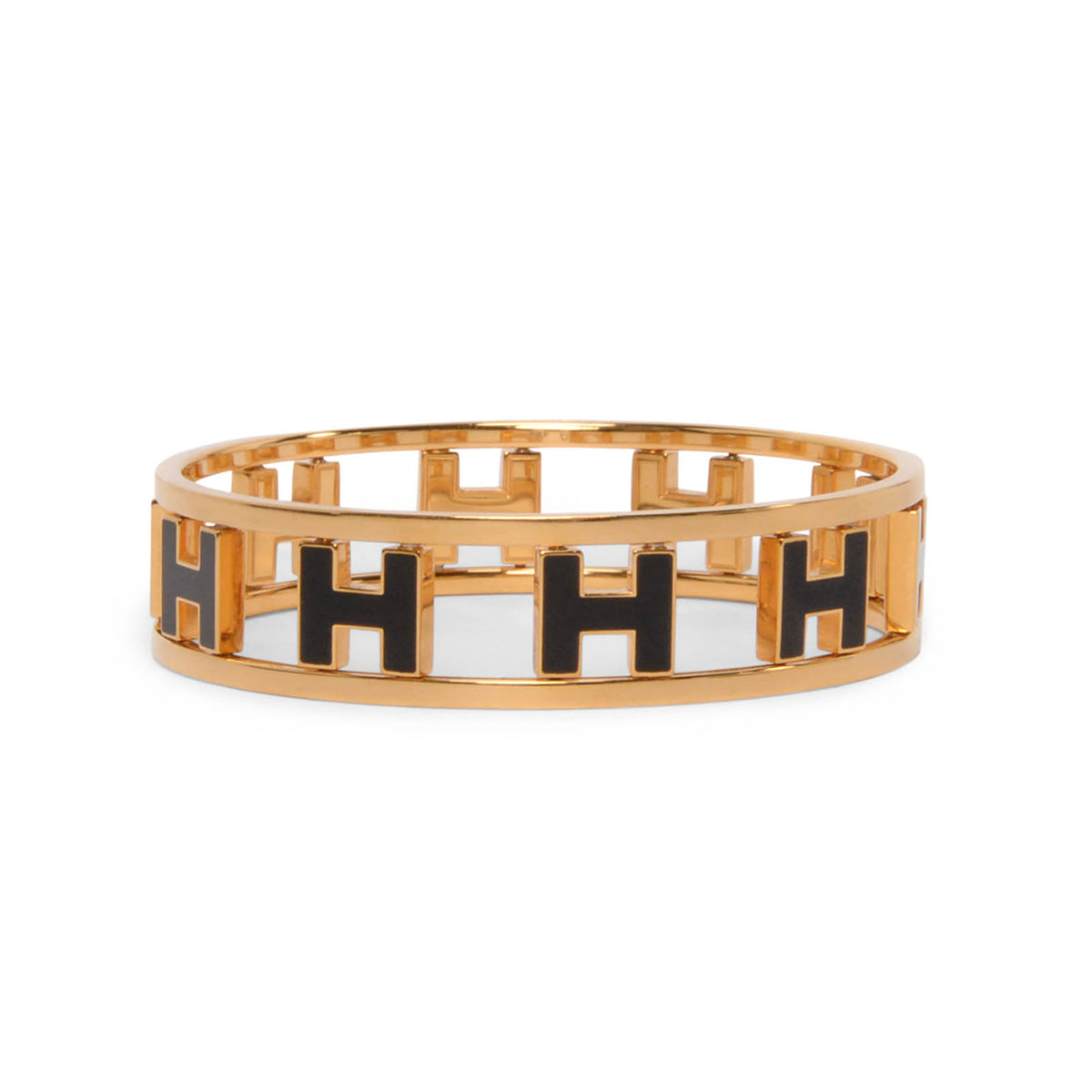 Hermes Black Enamel & Gold Plated Rondo Ash H Bangle