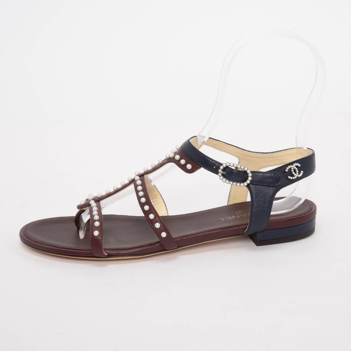 Chanel Burgundy & Navy Lambskin & Pearl Caged Sandals 37