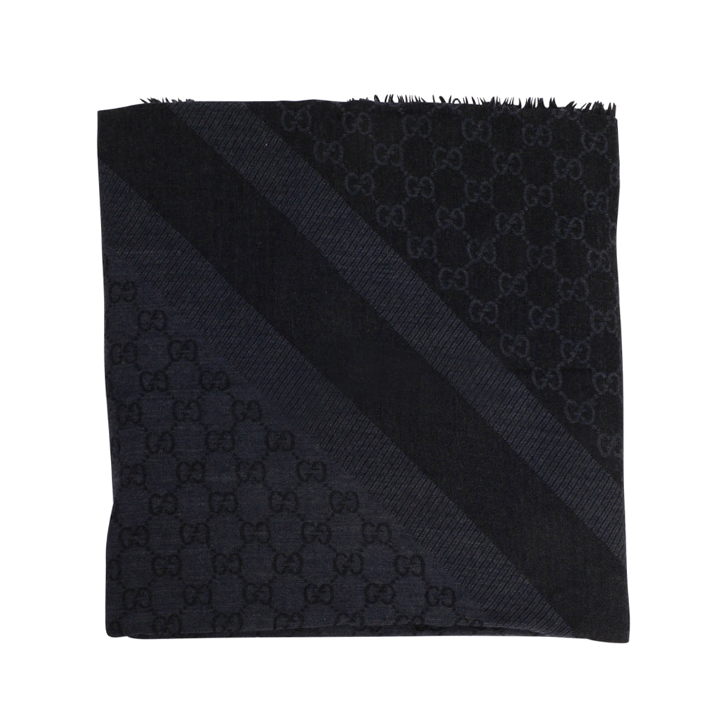 Gucci Navy & Black Wool Split GG Fringed Shawl