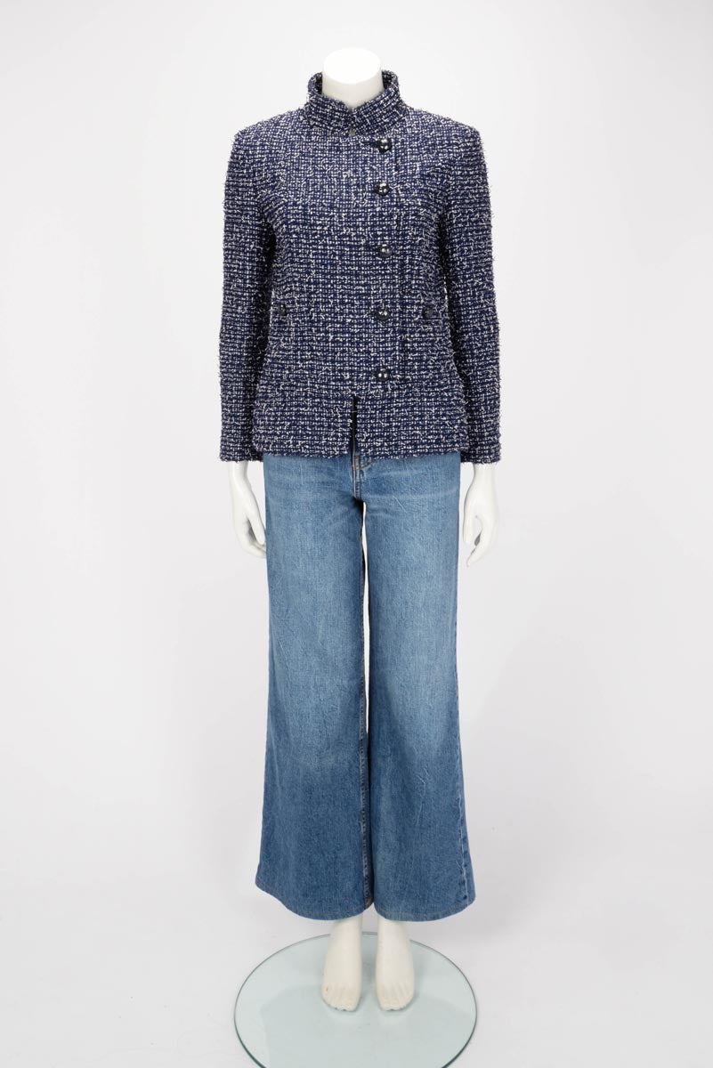 Chanel Navy & White Fantasy Tweed Military Collar Jacket FR 40