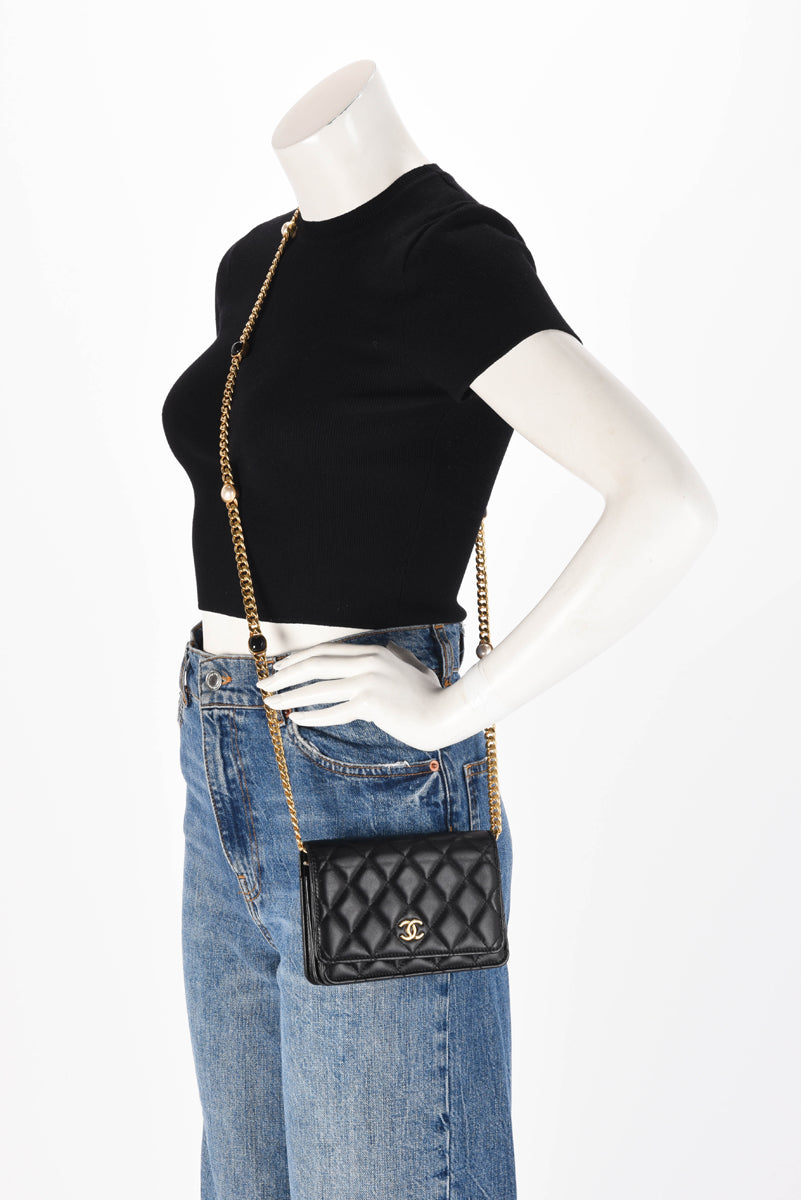 Chanel Black Quilted Lambskin CC Pearl Enamel Wallet on Chain