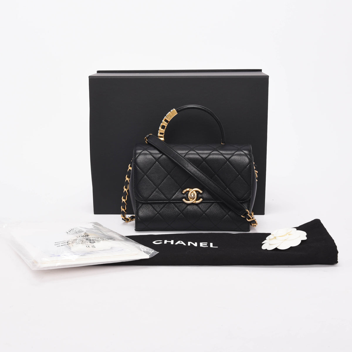 Chanel Black Calfskin Pearl Logo Top Handle Flap Bag
