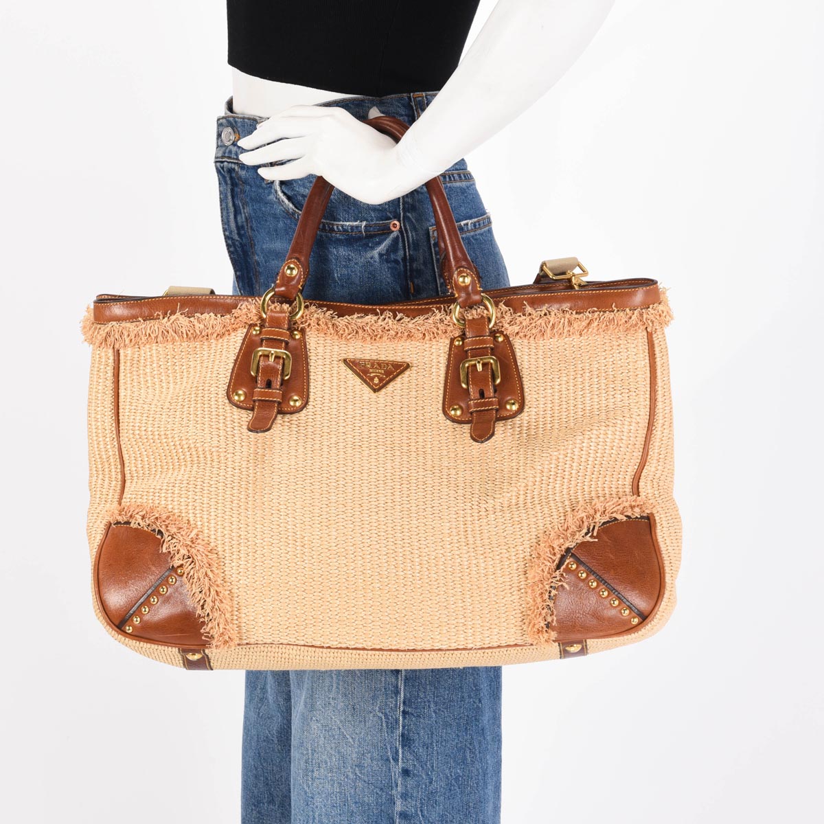 Prada Brown Raffia & Leather Large Tote