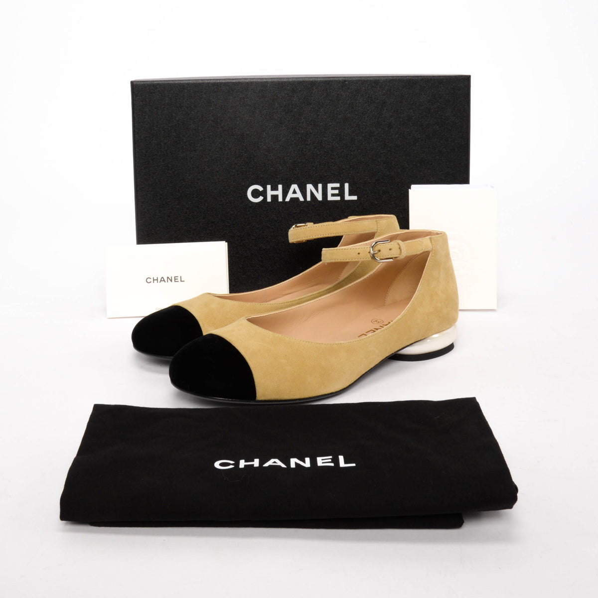 Chanel Beige & Black Suede & Velvet Cap Toe Mary Janes 38.5