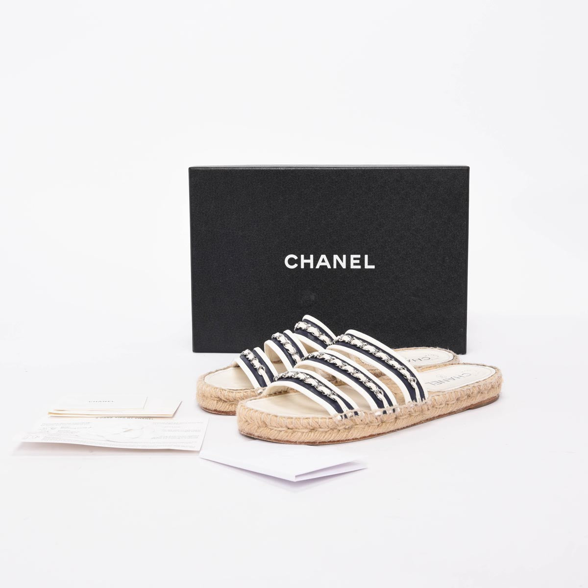 Chanel White & Navy Chain Espadrille Slides 40